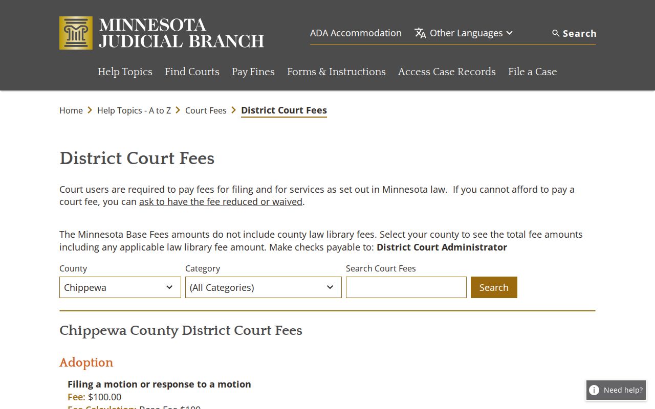 Chippewa County civil court docket reference for district court fees