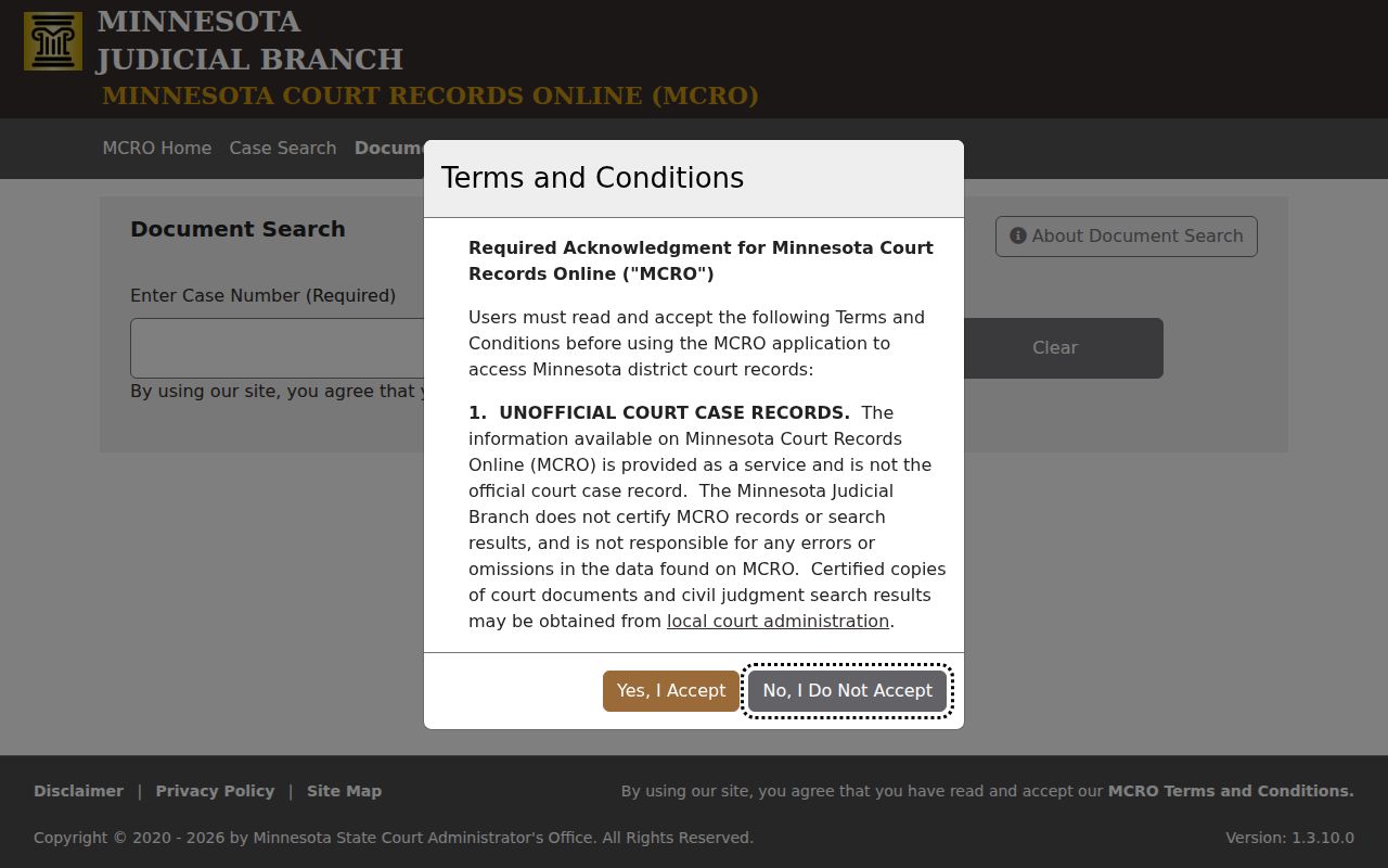 Minnesota Court Records Online document search case number field