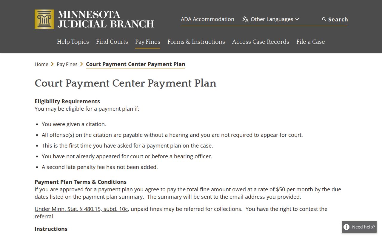 Chippewa County traffic court reference for the Court Payment Center payment plan